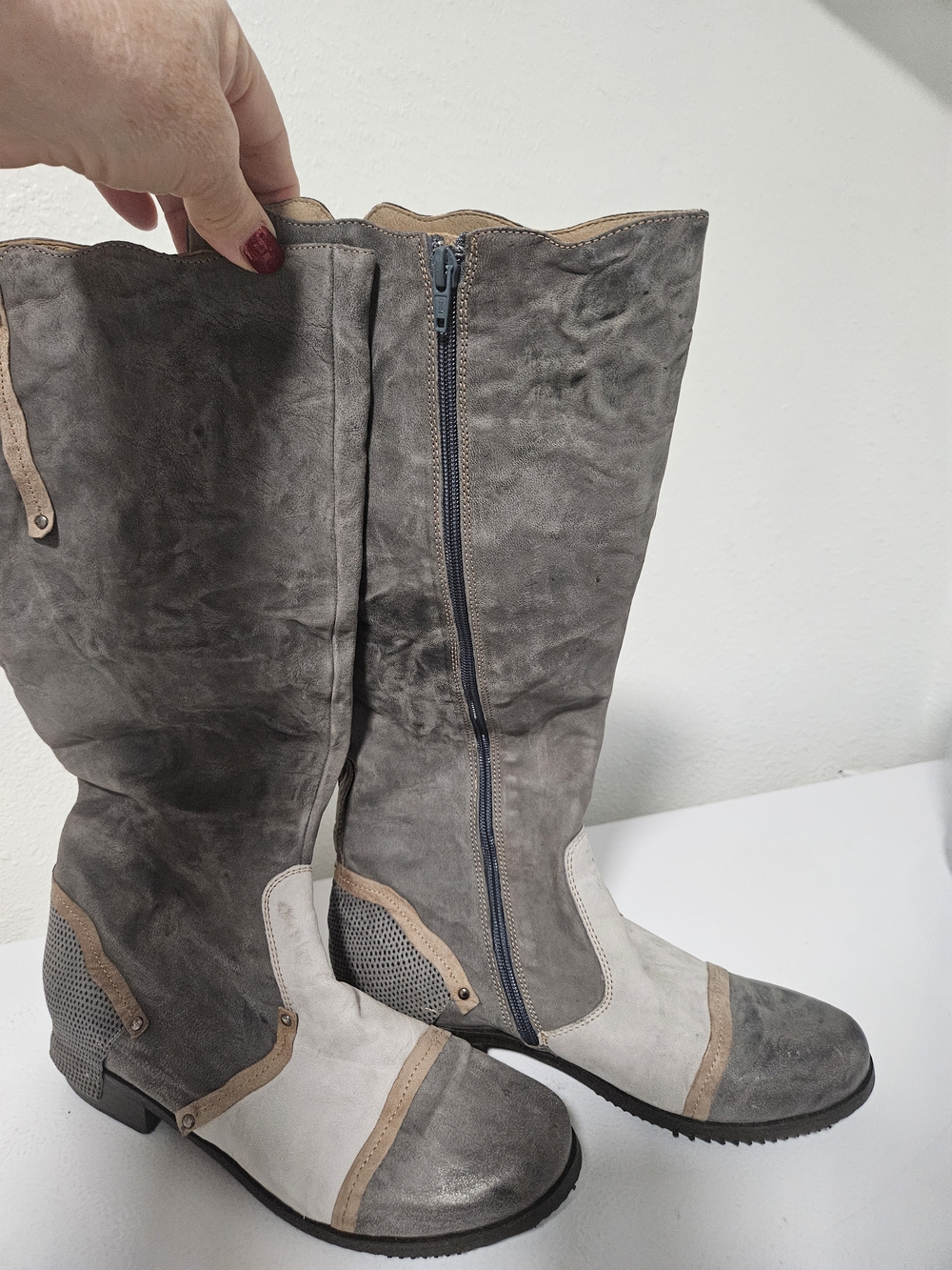 Tall Gray and Cream Suede Zip-Heel Boots Handmade Italian Leather